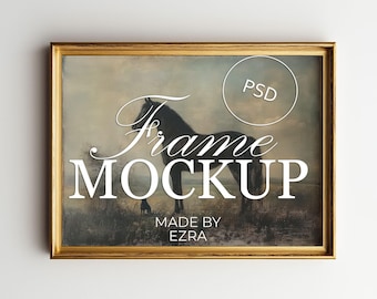 Mockup di cornice da parete dorata, mockup di poster minimale 3x4, cornice orizzontale PSD per Photoshop, modello JPG di oggetto avanzato, scena di esposizione artistica