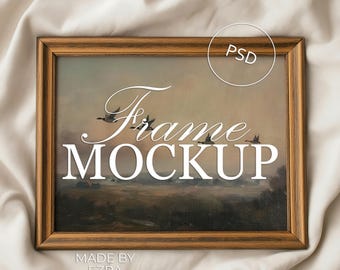 Minimal Wood Frame Mockup, Natural Brown Wooden Frame on Fabric, Rustic Wall Frame Mockup, 3x4 Horizontal PSD JPG Smart Object for Photoshop
