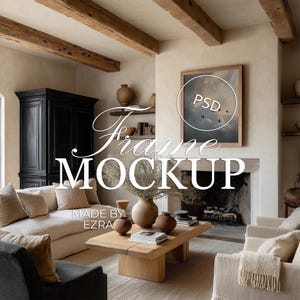 4x5 Living Room Wood Frame Mockup, Rustic European Interior Frame Mockup, Cozy Fireplace Art Mockup, Neutral Wall Art, PSD JPG Smart Object