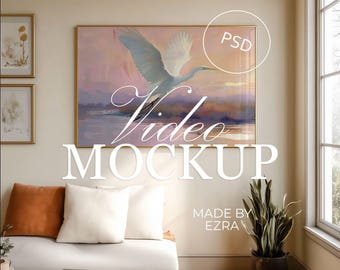Videomodel gouden lijst, video met dunne posterlijst, PSD Photoshop-geanimeerde mockup, minimaal esthetische scène met reflecties MP4 MOV