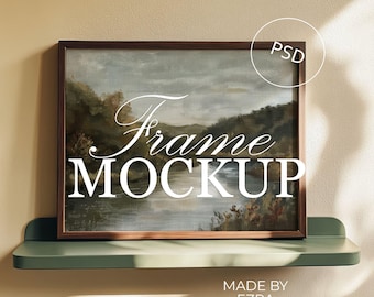 Horizontal Wood Frame Mockup, Green Shelf Poster PSD, 4x3 Frame PSD for Photoshop, Smart Object JPG Art Display, Wall Mockup Template | 02