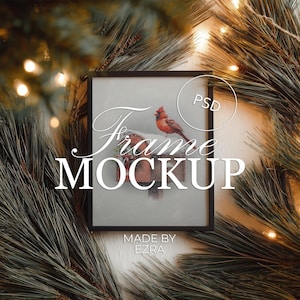 Christmas Frame Mockup, Holiday Scene with Pine Branches, 4x5 Minimalist Winter Frame Display Mockup, PSD JPG Smart Object for Photoshop