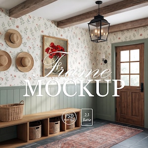 May include: Interior scene with a framed floral print, straw hats, and a wooden bench with woven baskets. The wall features floral wallpaper and a framed artwork with red flowers. The text "Frame MOCKUP" is overlaid on the image.