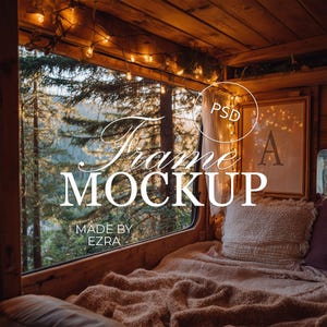 Rustic Camper Frame Mockup, Vanlife Mockup with Forest View, Cozy Boho Art Display, Warm Wood & Fairy Lights, PSD JPG Photoshop Smart Object