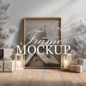 Gold Frame Christmas Mockup, Elegant Holiday Wall Art Display, Festive Winter Scene Mockup, 3x4 PSD JPG Smart Object Photoshop