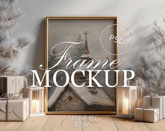 Gold Frame Christmas Mockup, Elegant Holiday Wall Art Display, Festive Winter Scene Mockup, 3x4 PSD JPG Smart Object Photoshop