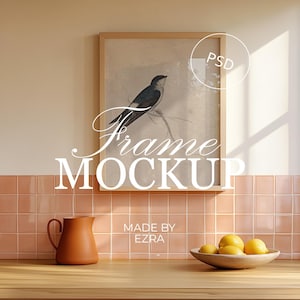 Maqueta de marco de cocina de madera, póster de pared con azulejos rosas (PSD), marco de 2x3 (PSD) para Photoshop, objeto inteligente (JPG), plantilla de maqueta de pared (18)