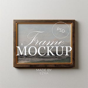 Dark Walnut Wood Frame Mockup, Gold Accent Horizontal Wall Art Mockup, 5x7 Minimal Rustic Poster Mockup, PSD JPG Smart Object for Photoshop