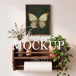 May include: A wooden wall shelf featuring a framed butterfly print, a glass vase with eucalyptus, a small candle, and a paper towel roll. The text "Frame MOCKUP" is overlaid in white, along with "PSD Smart Object" and "4:5 Ratio" labels.