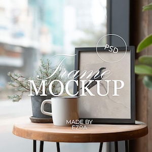Maquette de cadre de café confortable, maquette de cadre artistique de café avec table, maquette de cadre vertical urbain minimal, maquette d'objet intelligent Photoshop PSD JPG