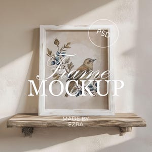 Rustic Shelf Frame Mockup, White Wood Poster Wall Mockup, 3x4 Frame PSD for Photoshop, Smart Object JPG Art Display, Wall Template | 04