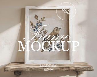 Rustic Shelf Frame Mockup, White Wood Poster Wall Mockup, 3x4 Frame PSD for Photoshop, Smart Object JPG Art Display, Wall Template | 04