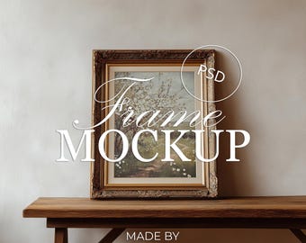 Gold Ornate Frame Mockup, Vintage Antique Frame Mockup, 3x4 Classic Picture Frame Mockup, Wooden Shelf Interior Mockup, PSD JPG Smart Object