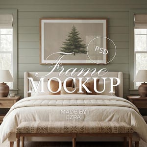 May include: A bedroom mockup featuring a large framed print of a pine tree above a bed. The room has a neutral color palette with a bench at the foot of the bed. The text "Frame Mockup" and "Made by Ezra" are visible.