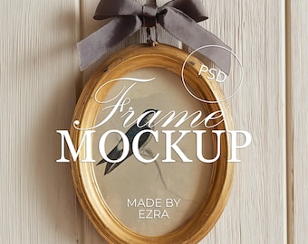 Mockup di cornice ovale dorata con fiocco, mockup di cornice da parete rotonda vintage, mockup di cornice per ritratto in oro antico, mockup di arte murale femminile PSD