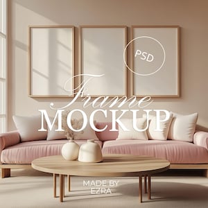 Set of 3 Living Room Frame Mockup, 2x3 Vertical Frame Poster PSD for Photoshop, Smart Object JPG Art Display, Wall Mockup Template | 23
