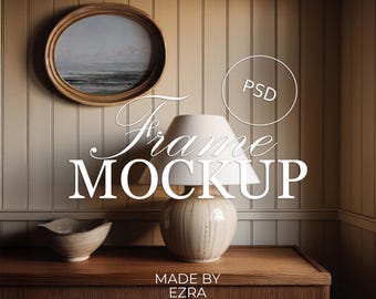 Mockup di cornice ovale, Mockup di cornice rotonda in legno, Mockup di arte murale in legno minimalista, Oggetto intelligente PSD, Mockup di cornice interna neutra