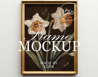 Mockup di cornice da parete dorata, mockup di poster verticale minimale, cornice 3x4 PSD per Photoshop, visualizzazione artistica JPG di oggetti intelligenti, modello di mockup da parete / 06