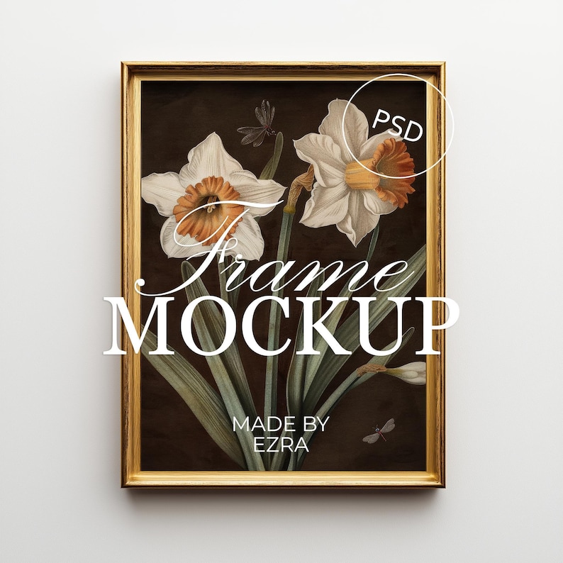 Gold Wall Frame Mockup, Minimal Vertical Poster Mockup, 3x4 Frame PSD for Photoshop, Smart Object JPG Art Display, Wall Mockup Template | 06 image 1