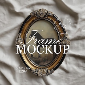 Mockup med oval guldram, utsmyckad väggkonstdisplay på tyg, antik blommig ram, minimalistisk lyxmockup, PSD JPG Photoshop Smart Object