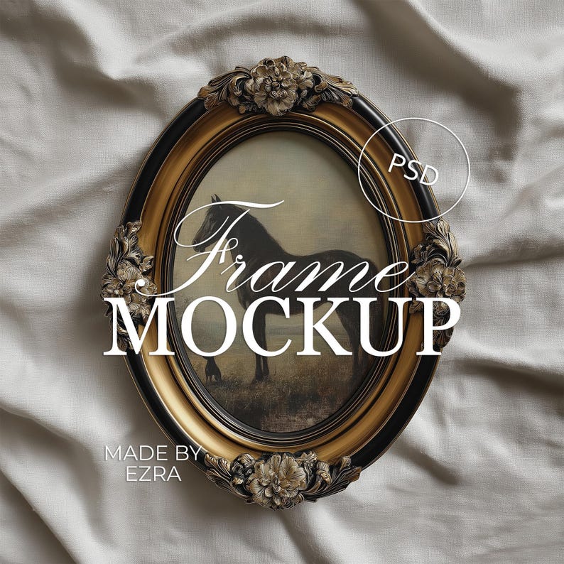 Mockup di cornice ovale dorata, esposizione di opere d'arte da parete ornate su tessuto, scena di cornice floreale antica, mockup di lusso minimalista, oggetto avanzato PSD JPG Photoshop immagine 1
