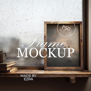 Maquette de cadre rustique par une fenêtre pluvieuse, cadre en bois naturel confortable, maquette verticale PSD JPG, objet intelligent pour affichage d'oeuvres d'art, modèle Photoshop