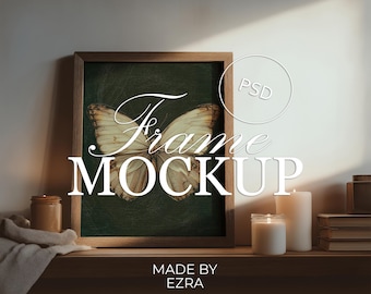 Cozy Wood Frame Mockup, 4x5 Minimal Interior Frame, Vertical Frame Mockup, Neutral Wall Art Mockup, PSD JPG Smart Object for Photoshop