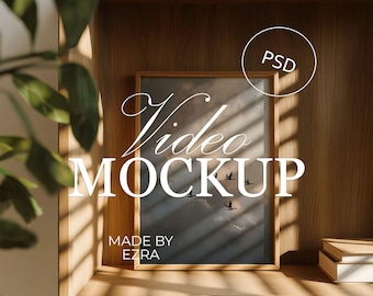 Wood Frame Video Mockup PSD, Vertical Frame Poster Reel with Plant Shadows, Animated Minimal Aesthetic Scene, JPG MP4 Photoshop Smart Object