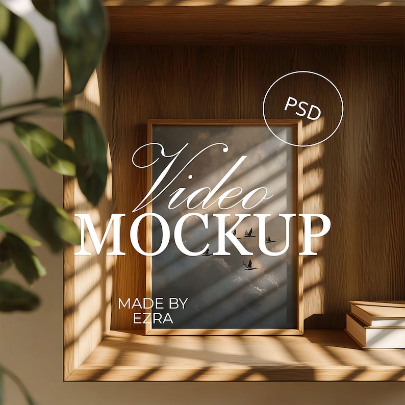 Houten frame videomodel PSD, posterhaspel verticaal frame met plantenschaduwen, geanimeerde minimale esthetische scène, JPG MP4 Photoshop Smart-object afbeelding 1