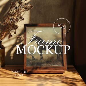 Wood Frame Mockup, 4x5 Table Stand Frame PSD for Photoshop, Smart Object JPG Art Display, Natural Light & Shadows Wall Mockup Template | 30