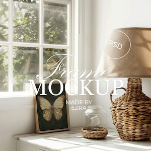 Natural Light Frame Mockup, Rattan Lamp and Window Scene, Frame Leaning Mockup, PSD JPG Photoshop Smart Object, Art Display Mockup Template