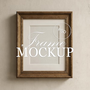 Vintage houten lijstmodel met matbordoptie, rustiek portret op gipsen muur, verticale PSD-sjabloon, digitaal slim Photoshop-object