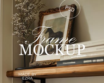 Vintage Frame Mockup on Bookshelf, Ornate Gold Frame with Shadow, Realistic Mockup, Natural Light, JPG PSD Smart Object, Wall Art Mockup