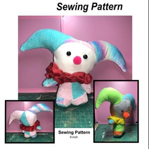 May include: A plush clown sewing pattern with the text "Silly Little Clown Plush Sewing Pattern." The main image shows a clown with a white face, blue and rainbow-colored hat, and a red ruffled collar. The pattern is for a 9-inch clown.