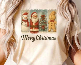 Camiseta gráfica navideña: diseño de Papá Noel, muñeco de nieve y árbol