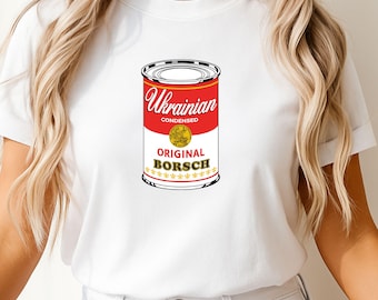 Camiseta de borsch ucraniano, camiseta del orgullo ucraniano, diseño vintage de lata de sopa, regalo de comida ucraniana, camiseta de patrimonio nacional