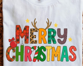 Camiseta navideña: Papá Noel, reno y árbol - Camiseta festiva