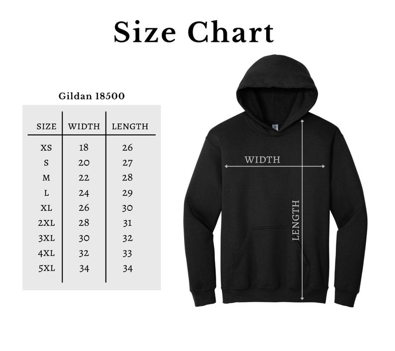 K&ouml;nnte beinhalten: Schwarzer Kapuzenpullover mit Gr&ouml;&szlig;entabelle. Die Tabelle zeigt die Ma&szlig;e f&uuml;r die Gr&ouml;&szlig;en XS bis 5XL, mit Breite und L&auml;nge in Zoll. Der Text "Size Chart" steht oben. Die Marke ist Gildan 18500.