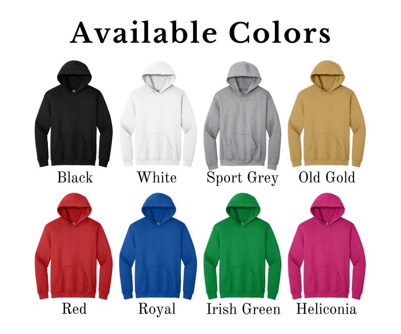 K&ouml;nnte beinhalten: Eine Auswahl an Kapuzenpullovern in verschiedenen Farben, darunter Schwarz, Wei&szlig;, Sportgrau, Altgold, Rot, Royalblau, Irish Green und Heliconia. Der Text "Available Colors" ist oben abgebildet.