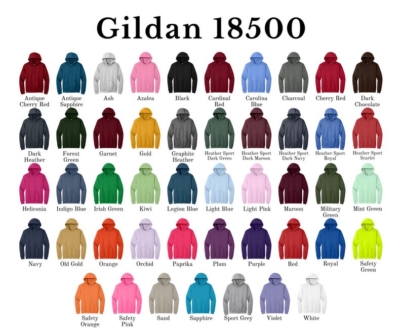 K&ouml;nnte beinhalten: Eine Anzeige von Gildan 18500 Hoodies in verschiedenen Farben, darunter Rot, Blau, Gr&uuml;n und Schwarz. Jeder Hoodie wird mit seinem Farbnamen wie "Ash", "Azalea" und "Black" gezeigt. Das Bild ist ein Katalog der verf&uuml;gbaren Farben.