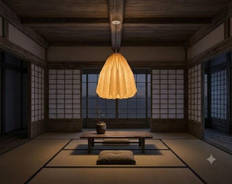 Wabi-Sabi Bell Pendant Light, Tapered Origami Paper Ceiling Lamp, Minimalist White Japanese Zen Lighting for Dining Room, D35cm H40cm