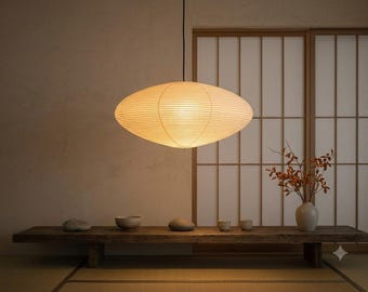 Japanese Washi Paper Pendant Light, Ribbed Oval Lantern, Wabi-Sabi Zen Lighting