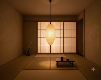 Japanese Drop Pendant Light, Tall Wabi-Sabi Paper Lantern, Minimalist Hanging Lamp
