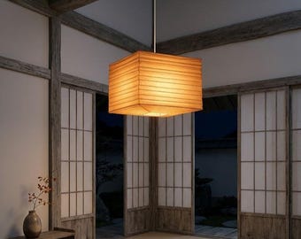 Square Wabi-Sabi Paper Lantern Pendant Light, Japanese Washi Origami Shade