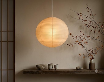 Wabi Sabi Paper Pendant Light | Japanese Rice Paper Lamp | Japandi Minimalist Chandelier | Zen Washi Lantern | Round Hanging Ceiling Light