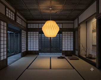 Wabi-Sabi Faceted Paper Pendant Light, Geometric Origami Japanese Zen Lamp (D30cm H30cm)
