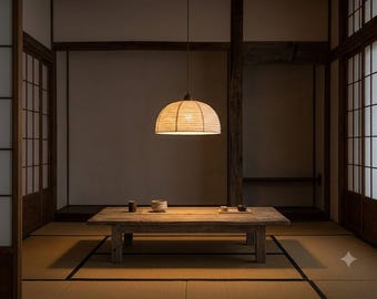 Wabi-Sabi Linen Pendant Light, Japanese Fabric Ceiling Lamp, Walnut Wood Accent, Zen Lighting