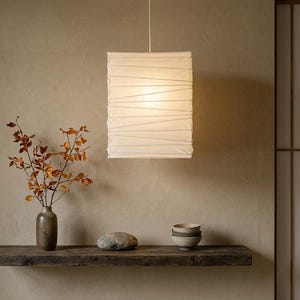 Japanese Washi Paper Pendant Light, Japandi Minimalist Hanging Lamp, Rectangular Rice Paper Lantern, Zen Home Decor, Wabi Sabi Lighting