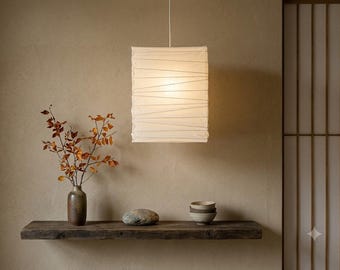 Japanese Washi Paper Pendant Light, Rectangular Japandi Minimalist Lantern, Zen Home Decor