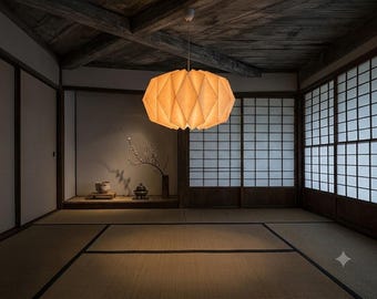 Wabi-Sabi Pumpkin Pendant Light, Geometric Origami Paper Ceiling Lamp, Minimalist Japanese Zen Lighting for Dining Room, D43cm H25cm